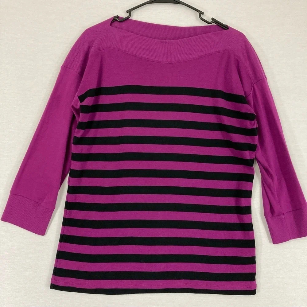 Lauren Ralph Lauren Pink Black Striped Boat Neck‎ Knit Top Large